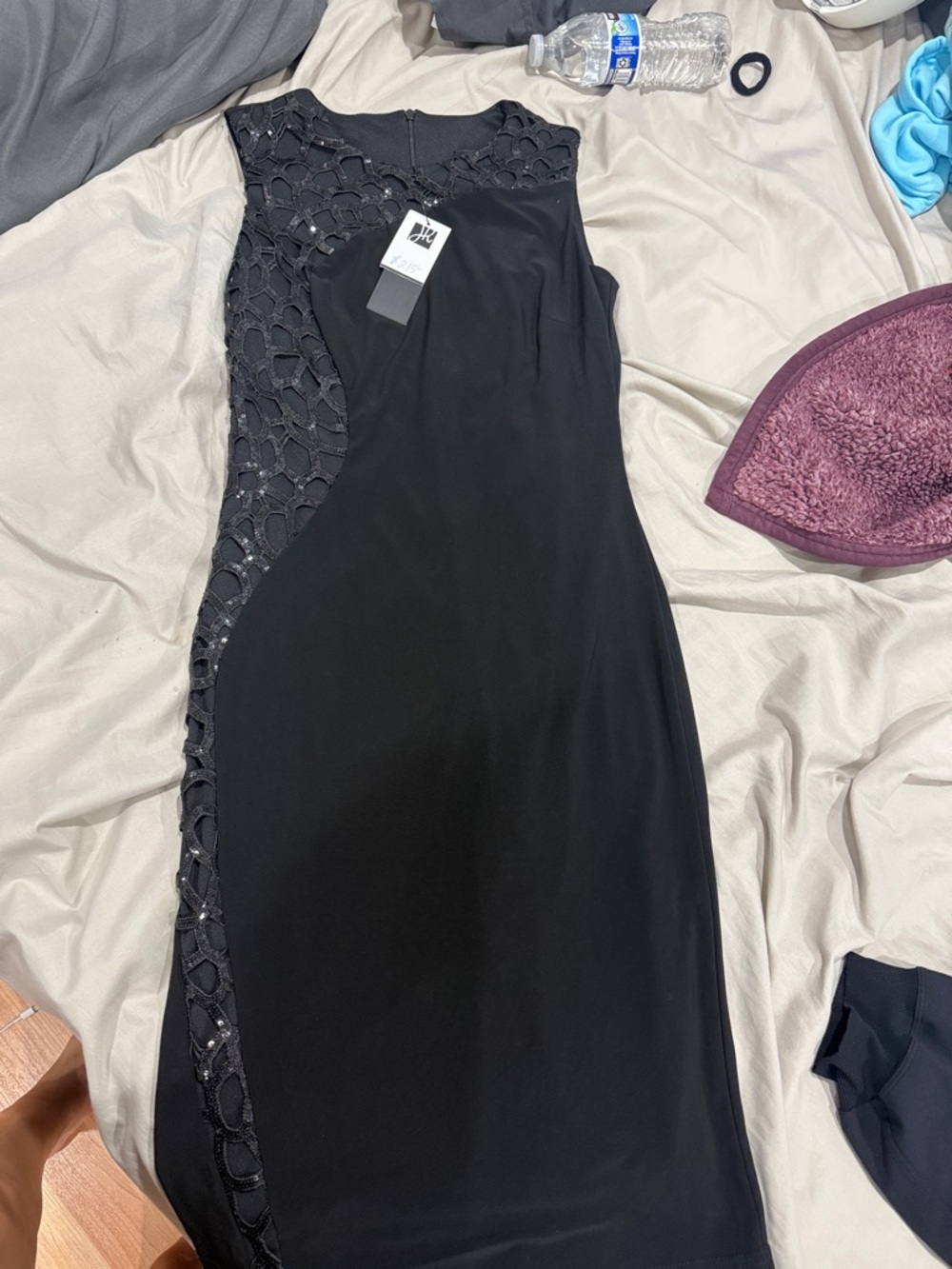 Joseph Ribkoff Black Sleeveless Midi Dress with Lace-Cutout Panel